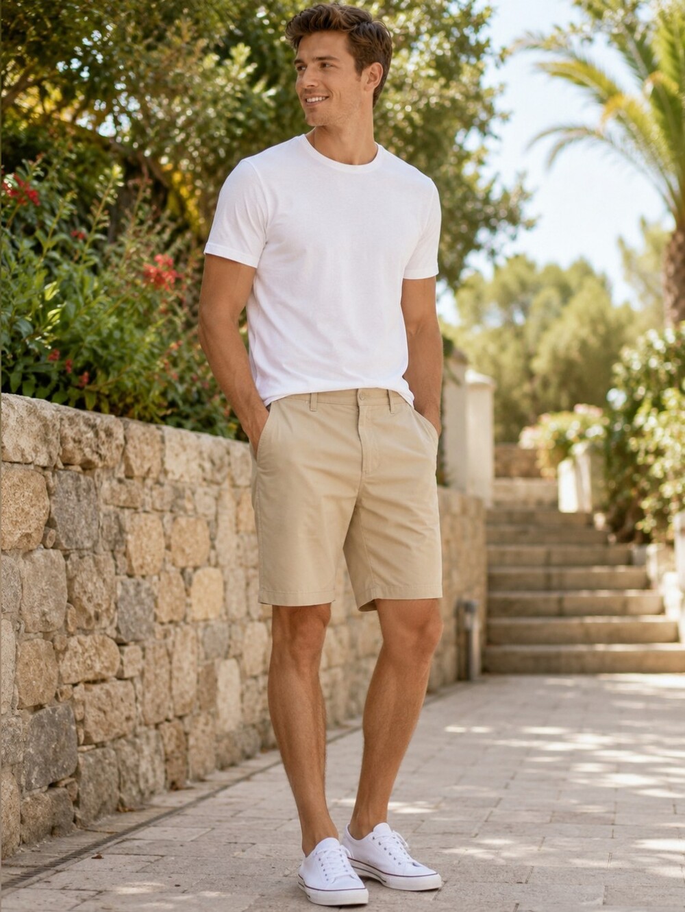 New Men's Khaki Flat Front Chino Shorts Size L 36 Waist Casual Cotton Blend
